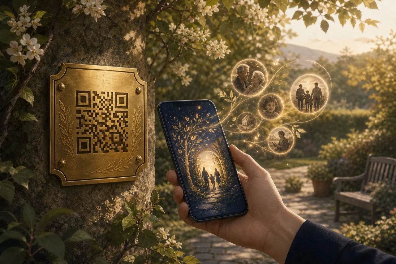 Illustration of a QR marker connecting a physical place to family memories on a phone